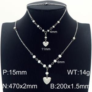 Stainless steel 200x1.5mm&470x2mm welding chain combined bead chain fashional lobster clasp heart charm trendy silver bracelet sets - KS193882-Z