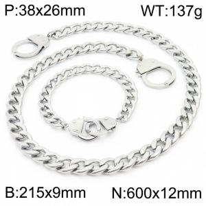 9mm21.5cm12mm60cm=Couple style personality can open handcuffs Cuba chain silver jewelry set - KS194807-Z