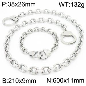 9mm21cm11mm60cm=Couple style personality can open handcuffs O-chain silver jewelry set - KS194808-Z