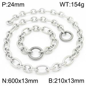 13mm21cm13mm60cm=Japanese and Korean men's and women's O-shaped chain striped snap ring silver jewelry set - KS194812-Z