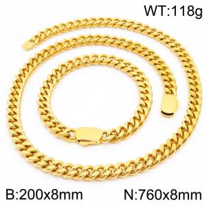 Personalized trend stainless steel Cuban chain neutral air flat buckle bracelet necklace set - KS197020-Z