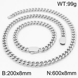 Personalized trend stainless steel Cuban chain neutral air flat buckle bracelet necklace set - KS197024-Z