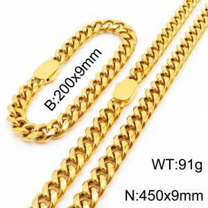 Classic Gold Color Stainless Steel Heavy Jewelry Sets for Men Cuban Link Chain Neckalce Bracelets - KS197098-Z