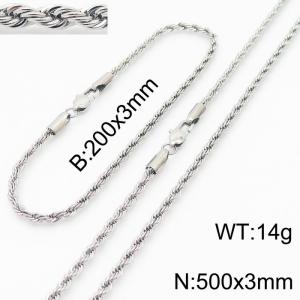 Silver 200x3mm 500x3mm Rope Chain Stainless Steel Bracelet Necklace Jewelry Set - KS197386-Z