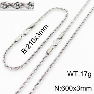 Silver 210x3mm 600x3mm Rope Chain Stainless Steel Bracelet Necklace Jewelry Set - KS197387-Z