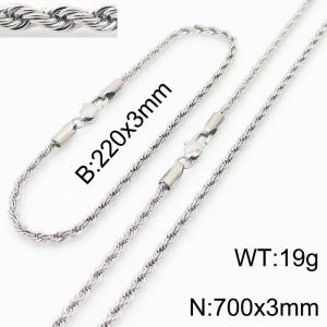 Silver 220x3mm 700x3mm Rope Chain Stainless Steel Bracelet Necklace Jewelry Set - KS197388-Z
