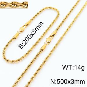 Gold 200x3mm 500x3mm Rope Chain Stainless Steel Bracelet Necklace Jewelry Set - KS197389-Z