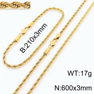 Gold 210x3mm 600x3mm Rope Chain Stainless Steel Bracelet Necklace Jewelry Set - KS197390-Z