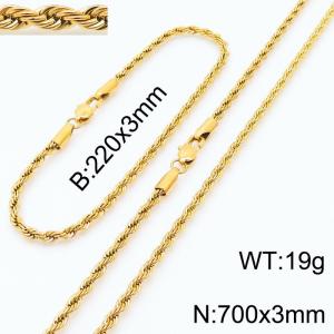 Gold 220x3mm 700x3mm Rope Chain Stainless Steel Bracelet Necklace Jewelry Set - KS197391-Z