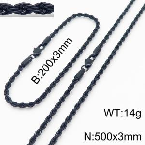 Black 200x3mm 500x3mm Rope Chain Stainless Steel Bracelet Necklace Jewelry Set - KS197392-Z