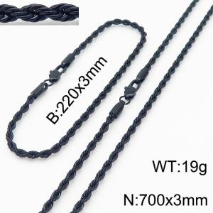 Black 220x3mm 700x3mm Rope Chain Stainless Steel Bracelet Necklace Jewelry Set - KS197394-Z