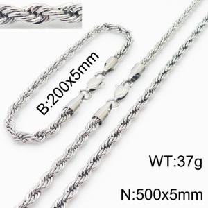 Silver 200x5mm 500x5mm Rope Chain Stainless Steel Bracelet Necklace Jewelry Set - KS197395-Z