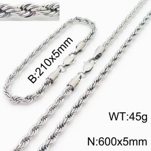 Silver 210x5mm 600x5mm Rope Chain Stainless Steel Bracelet Necklace Jewelry Set - KS197396-Z