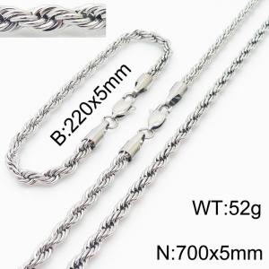 Silver 220x5mm 700x5mm Rope Chain Stainless Steel Bracelet Necklace Jewelry Set - KS197397-Z