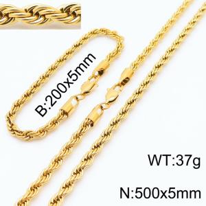 Gold 200x5mm 500x5mm Rope Chain Stainless Steel Bracelet Necklace Jewelry Set - KS197398-Z