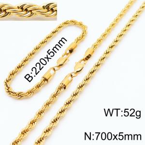Gold 220x5mm 700x5mm Rope Chain Stainless Steel Bracelet Necklace Jewelry Set - KS197400-Z