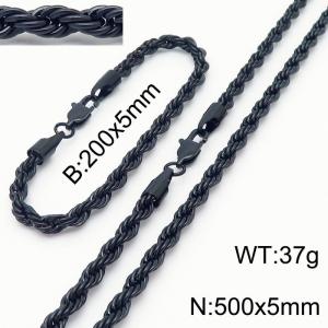 Black 200x5mm 500x5mm Rope Chain Stainless Steel Bracelet Necklace Jewelry Set - KS197401-Z