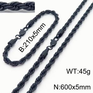 Black 210x5mm 600x5mm Rope Chain Stainless Steel Bracelet Necklace Jewelry Set - KS197402-Z