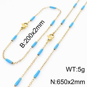 Stainless steel 200x2mm&650x2mm  welding chain minimalist design sense INS style trendy light  blue charm gold set - KS197851-Z