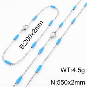 Stainless steel 200x2mm&550x2mm  welding chain minimalist design sense INS style trendy light  blue charm silver set - KS197856-Z