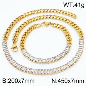 Stianless Steel Gold Plating Cuban Chain with Full Zircon Splicing Siler Chain Bracelet Necklace Set - KS198088-Z