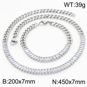 Stianless Steel Silver Color Cuban Chain with Full Zircon Splicing Silver Chain Bracelet Necklace Set - KS198089-Z