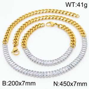 Stianless Steel Gold Plating Cuban Chain with Full Zircon Splicing Siler Chain Bracelet Necklace Set - KS198090-Z