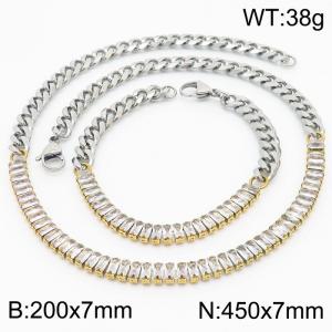 Stianless Steel Silver Color Cuban Chain with Full Zircon Splicing Gold Chain Bracelet Necklace Set - KS198091-Z