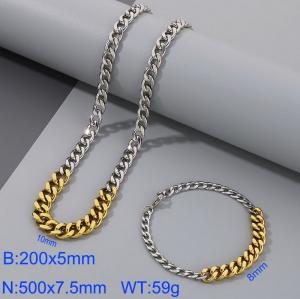 Stianless Steel Silver Gold Color Large Small Cuban Splicing Chain Bracelet Necklace Set - KS198093-Z