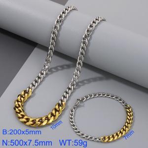 Stianless Steel Silver Gold Color Large Small Cuban Splicing Chain Bracelet Necklace Set - KS198095-Z