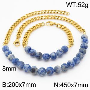 Stianless Steel 7mm Gold Color Cuban Chain with 8mm Blue Spot Bracelet Necklace Set - KS198102-Z