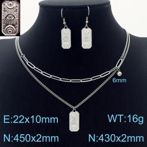 Women Silver Color Stainless Steel Necklac&Earrings Set with Cartoon Bell&Patterned Square Charms - KS198114-Z