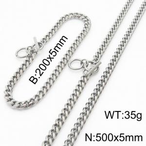 Stainless steel 200x5mm&500x5mm cuban chain circle clasp classic silver sets - KS198207-ZZ