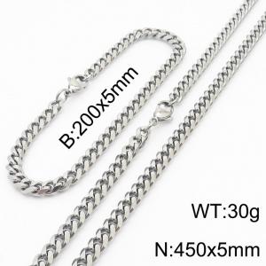Stainless steel 200x5mm&450x5mm cuban chain lobster clasp classic silver sets - KS198211-ZZ