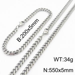 Stainless steel 200x5mm&550x5mm cuban chain lobster clasp classic silver sets - KS198213-ZZ