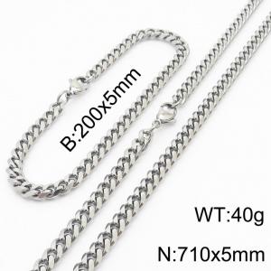 Stainless steel 200x5mm&710x5mm cuban chain lobster clasp classic silver sets - KS198216-ZZ