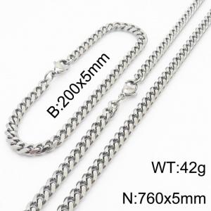 Stainless steel 200x5mm&760x5mm cuban chain lobster clasp classic silver sets - KS198217-ZZ