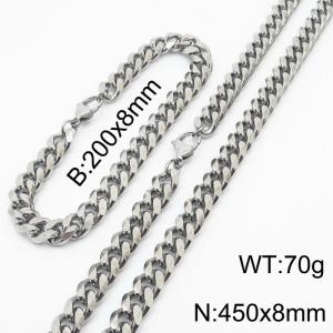 Stainless steel 200x8mm&450x8mm cuban chain lobster clasp classic silver sets - KS198225-ZZ