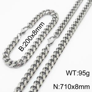 Stainless steel 200x8mm&710x8mm cuban chain lobster clasp classic silver sets - KS198230-ZZ