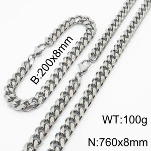 Stainless steel 200x8mm&760x8mm cuban chain lobster clasp classic silver sets - KS198231-ZZ