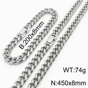 Stainless steel 200x8mm&450x8mm cuban chain fashional clasp classic silver sets - KS198239-ZZ