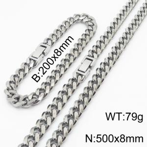 Stainless steel 200x8mm&500x8mm cuban chain fashional clasp classic silver sets - KS198240-ZZ