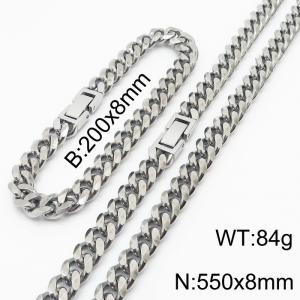Stainless steel 200x8mm&550x8mm cuban chain fashional clasp classic silver sets - KS198241-ZZ