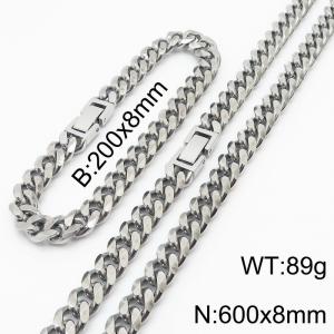 Stainless steel 200x8mm&600x8mm cuban chain fashional clasp classic silver sets - KS198242-ZZ