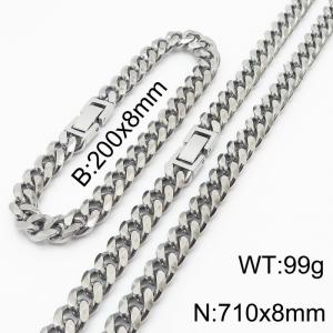 Stainless steel 200x8mm&710x8mm cuban chain fashional clasp classic silver sets - KS198244-ZZ
