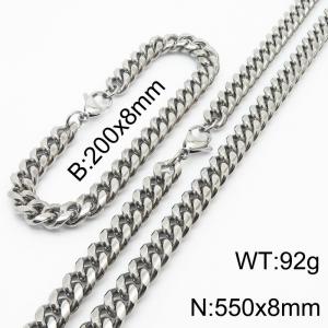 200x8mm & 550x8mm Stainless Steel 304 Cuban Chain Bracelet & Necklace Set Males Jewelry With Classic Lobster Clasp - KS198339-ZZ