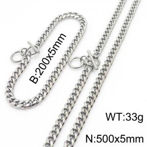 5mm Silver Color Jewelry Set Stainless Steel OT Clasp Cuban Link Chain Long Necklace Bracelets For Men - KS198490-ZZ
