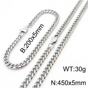 5mm Silver Color Jewelry Set Stainless Steel Cuban Link Chain Long Necklace Bracelets For Men - KS198491-ZZ