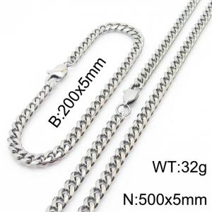 5mm Silver Color Jewelry Set Stainless Steel Cuban Link Chain Long Necklace Bracelets For Men - KS198492-ZZ