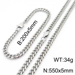 5mm Silver Color Jewelry Set Stainless Steel Cuban Link Chain Long Necklace Bracelets For Men - KS198493-ZZ